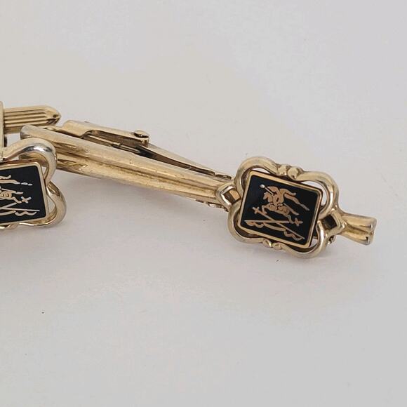 Burberry Tie Bar Clip Clasp Cufflinks Set Gold Black Tone 2in Logo Vintage Logo - Picture 2 of 9